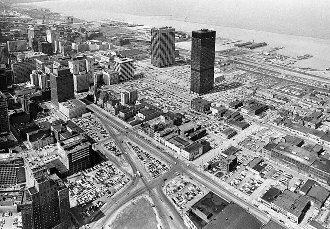 Aerial view of the east side of Cleveland, including Lake Erie and Erieview Tower