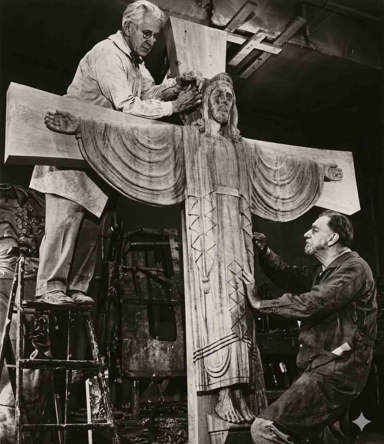 Jirouch & Fischer Carving a Church Sculpture