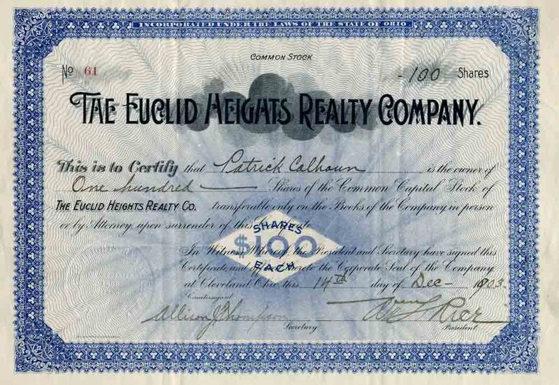 Euclid Heights Stock Certificate, 1903