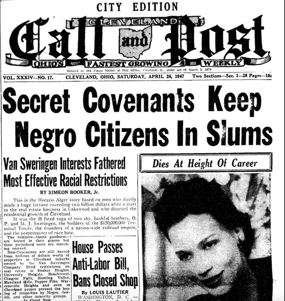 Newspaper headline, ‘Secret Covenants Keep Negro Citizens In Slums’