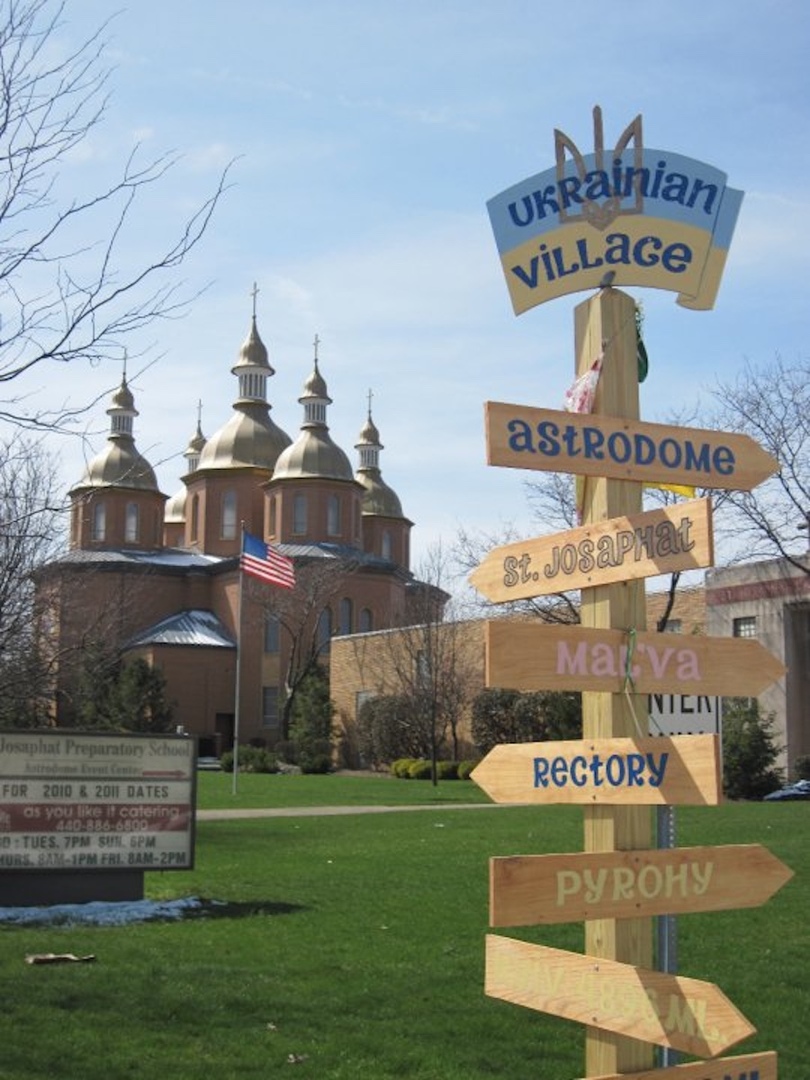 Saint Josaphat Cathedral in the Shadow of Parma Ukrainian Village Signage